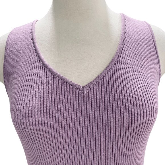 Gstq Lavender Ribbed Midi Dress V Neck Bodycon Knit Sleeveless Stretch NWT M - Picture 6 of 12